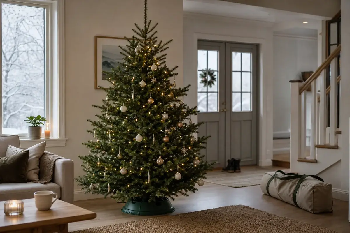Julgran i ett svenskt hem med varm belysning