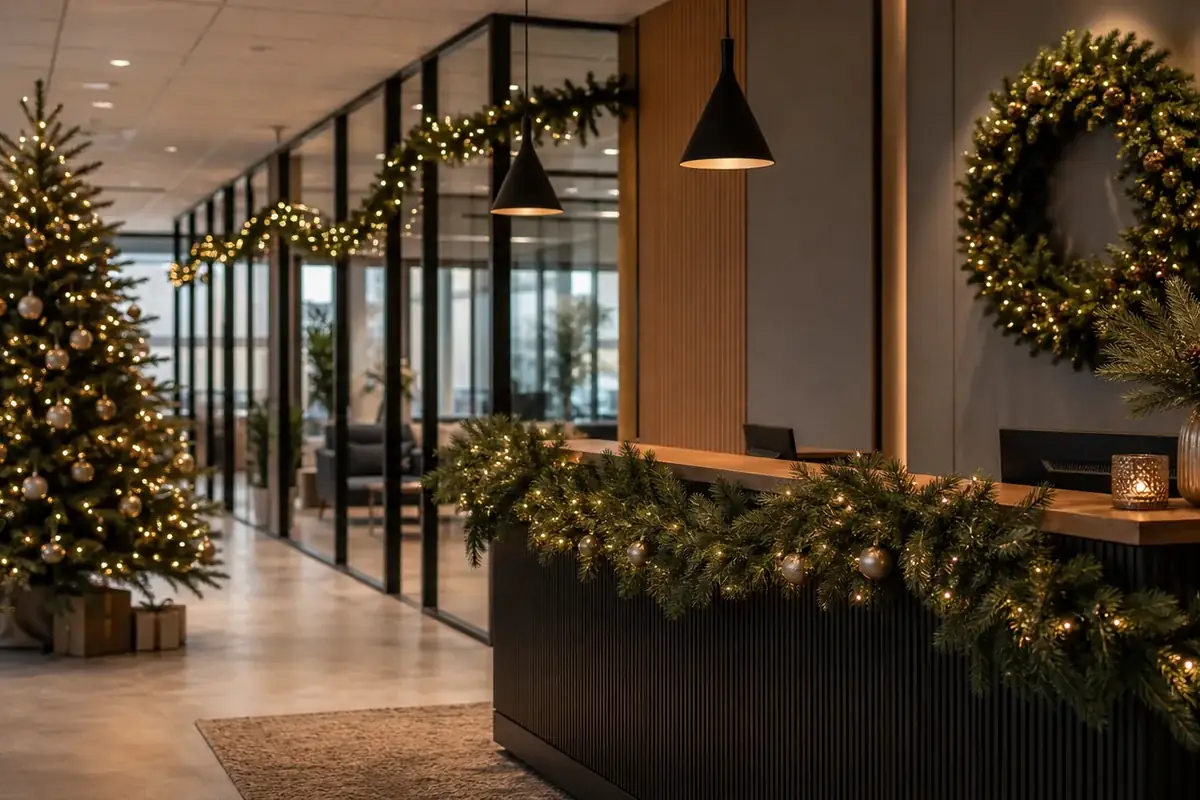 Juldekorationer med gran, kransar och varm belysning