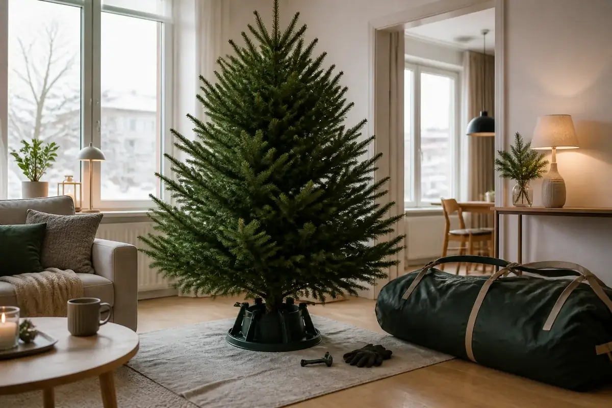 Julgran som levereras till ett hem inför jul