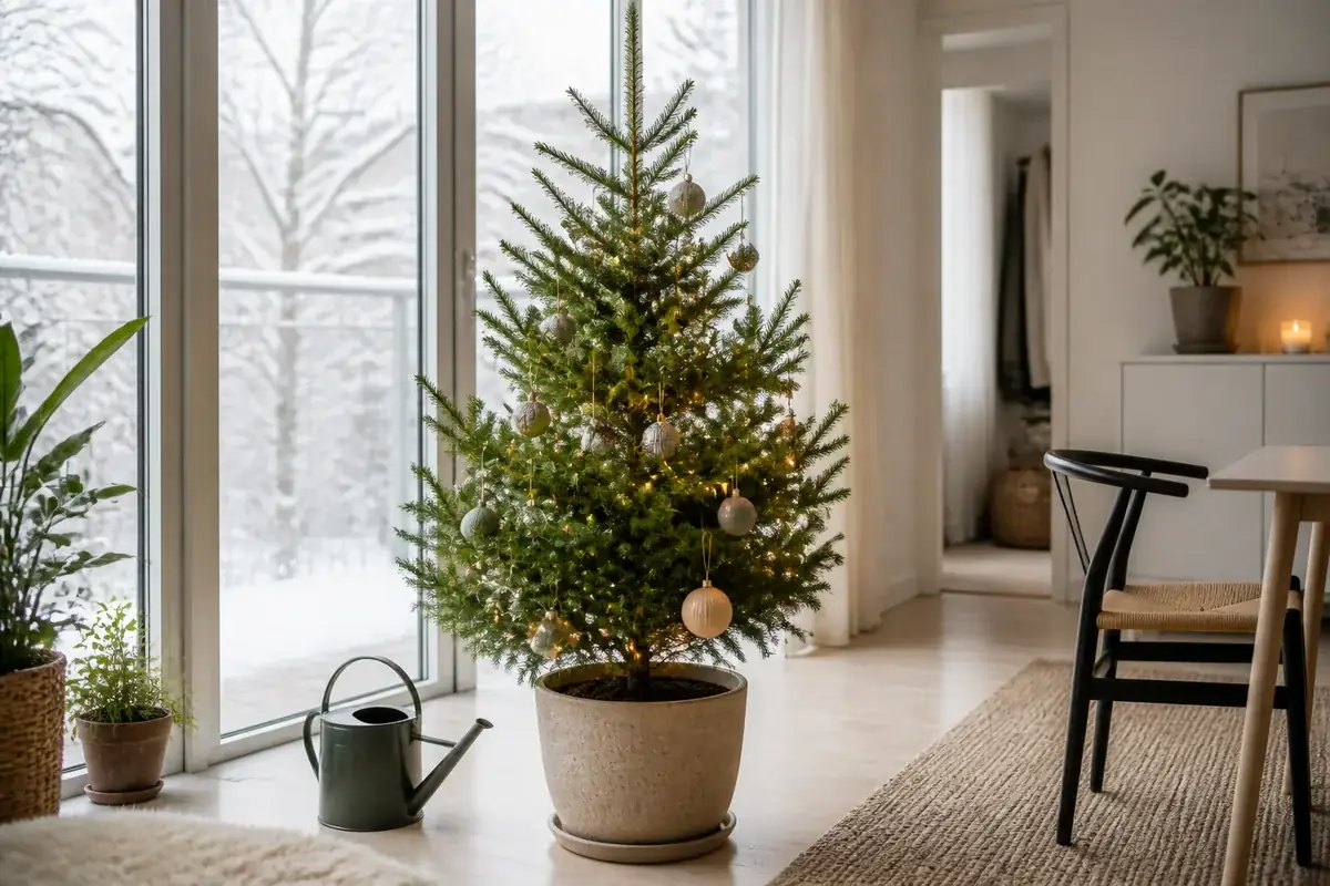 Levande julgran i kruka i en ljus vintermiljö