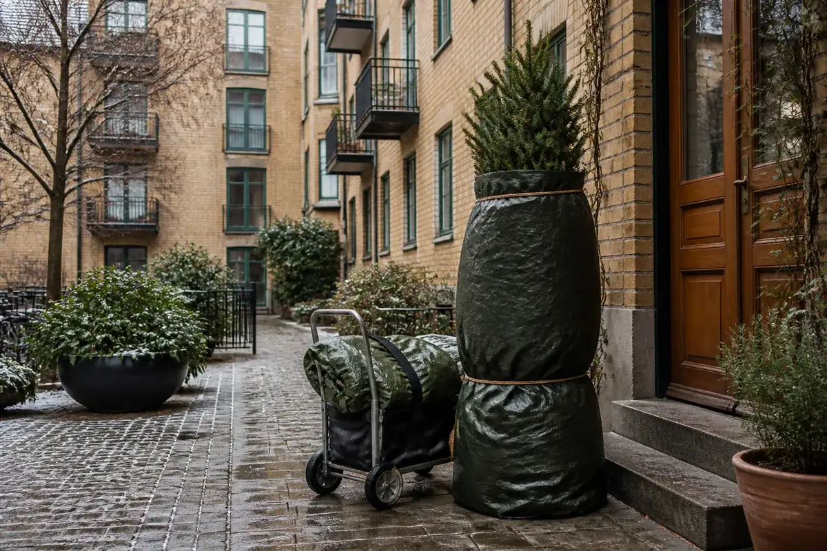 Julgran i en gårdsmiljö i Malmö och Skåne