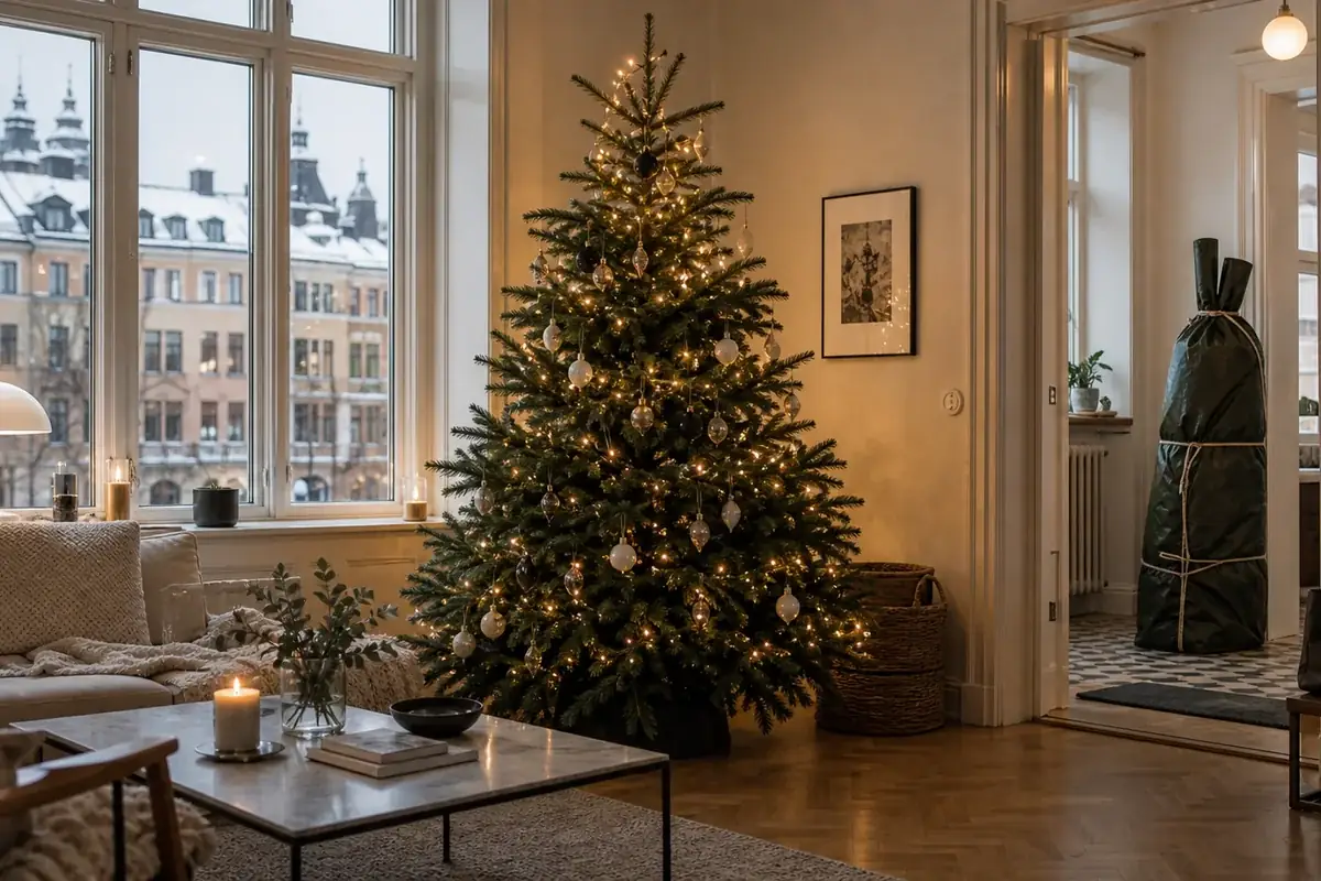 Julgran i Stockholm med vinterljus utanför fönstret