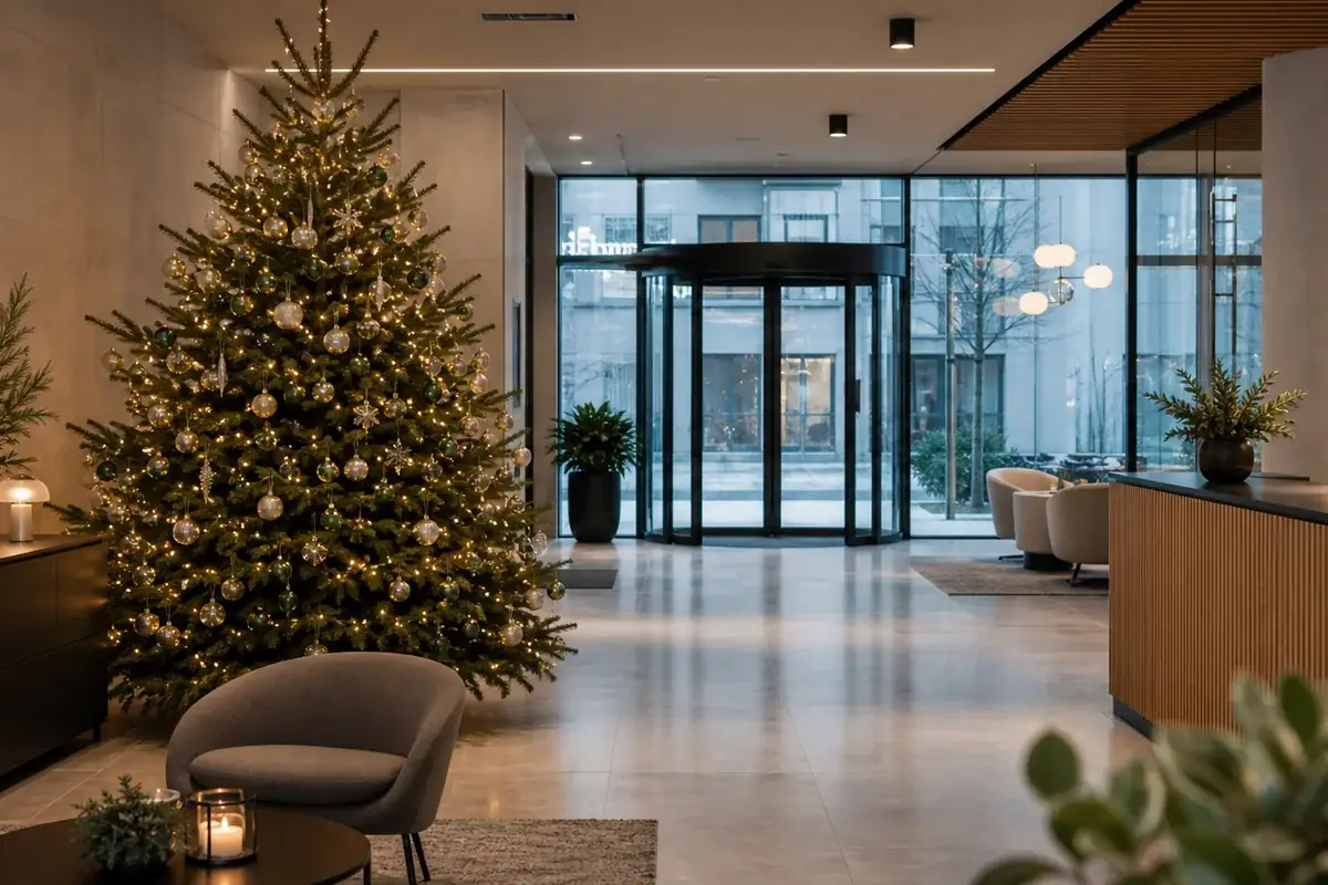 Professionellt installerad julgran i en kontorsreception