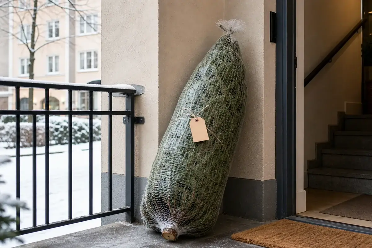 Julgran redo för hemleverans vid en svensk ytterdörr