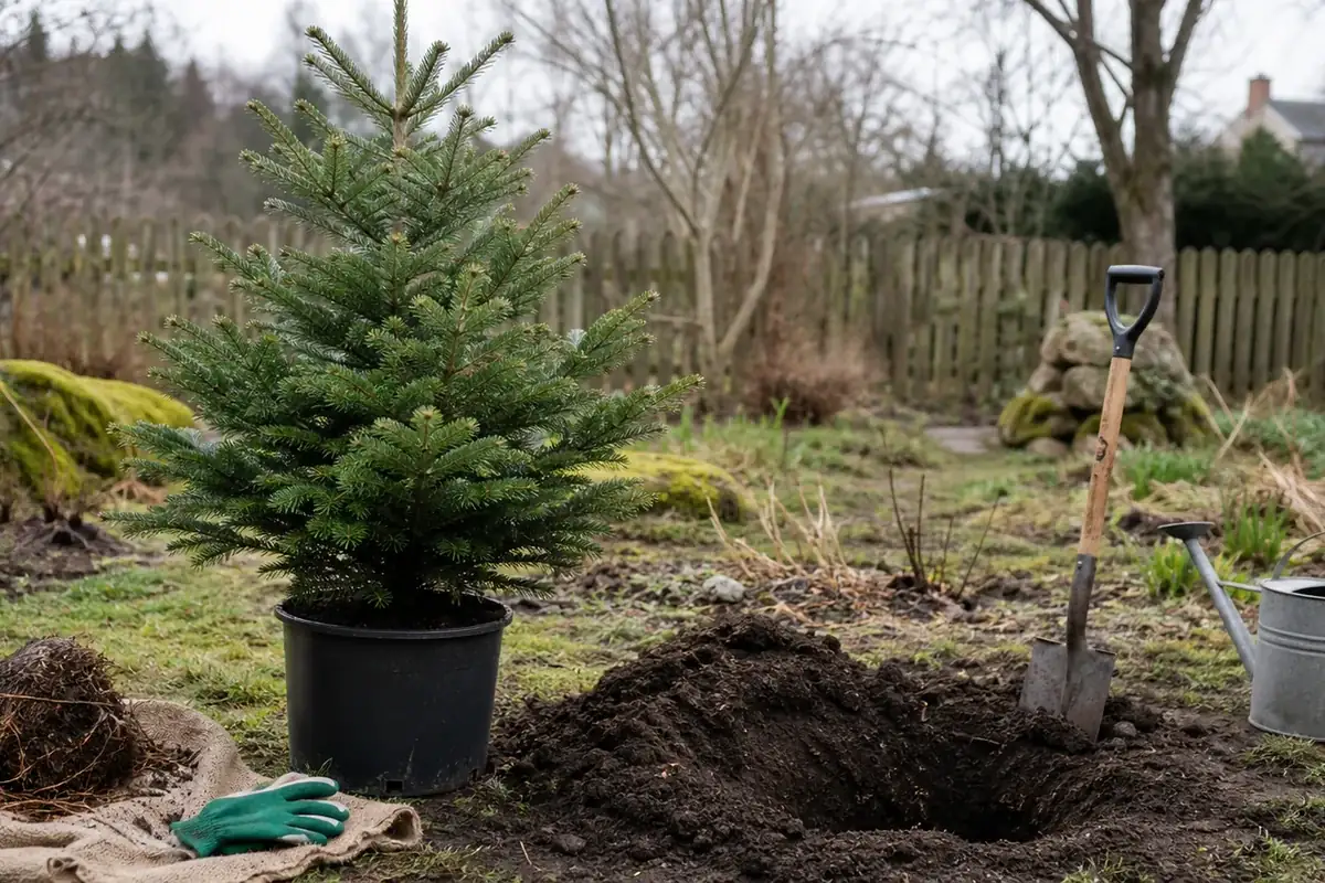 Gran i kruka som förbereds för plantering utomhus