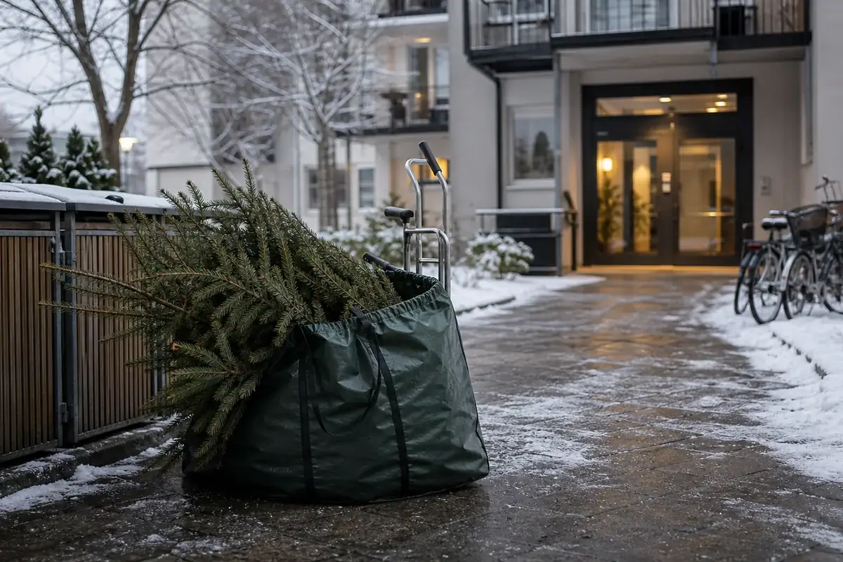 Julgran efter jul redo för upphämtning och återvinning