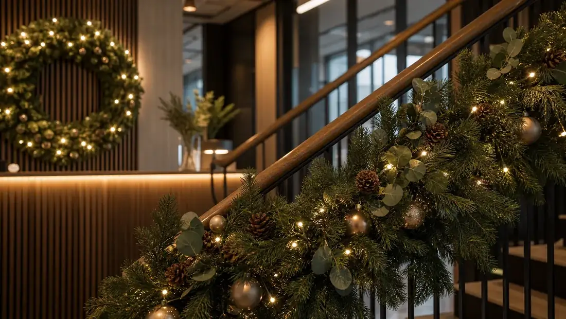 Juldekorationer för arbetsplats med gran och ljus