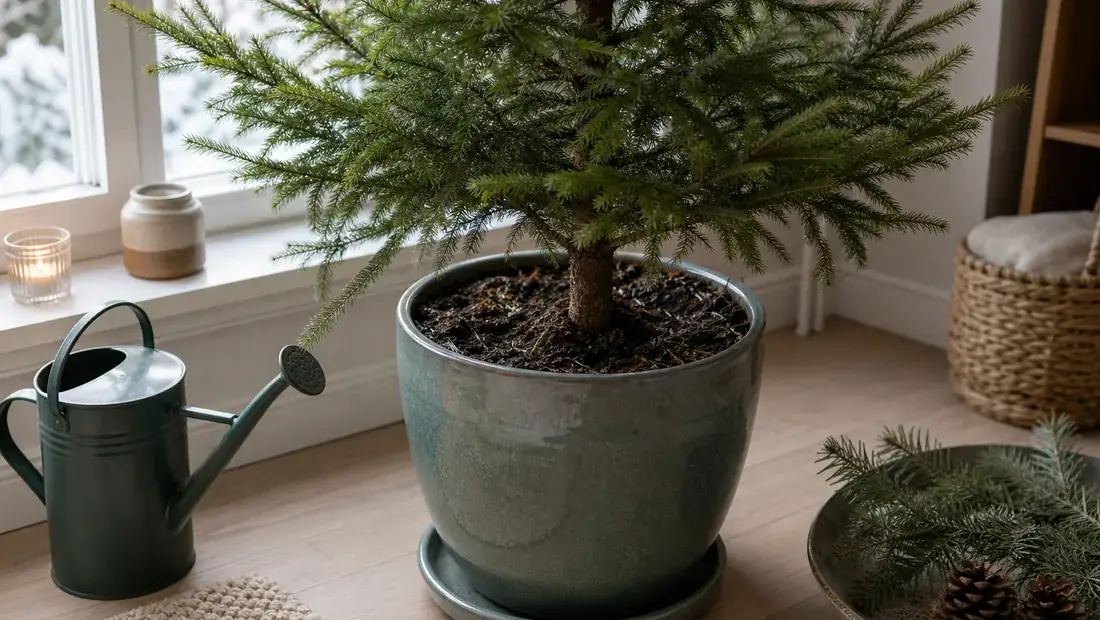 Krukgran i vinterljus med plats för återlämning eller plantering