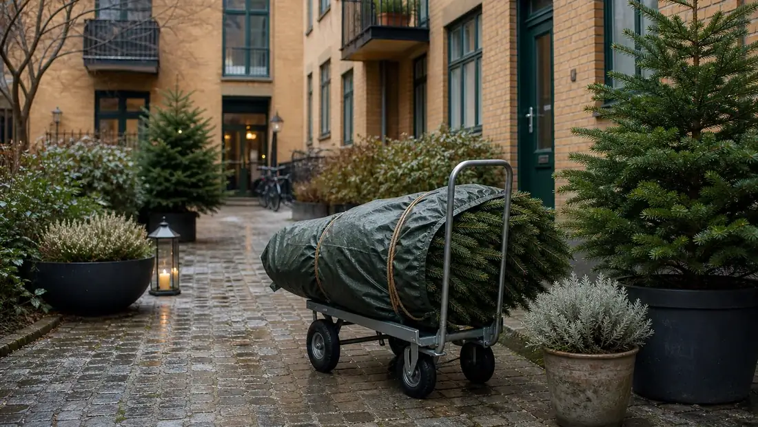 Julgran i skånsk gårdsmiljö med lokal leverans