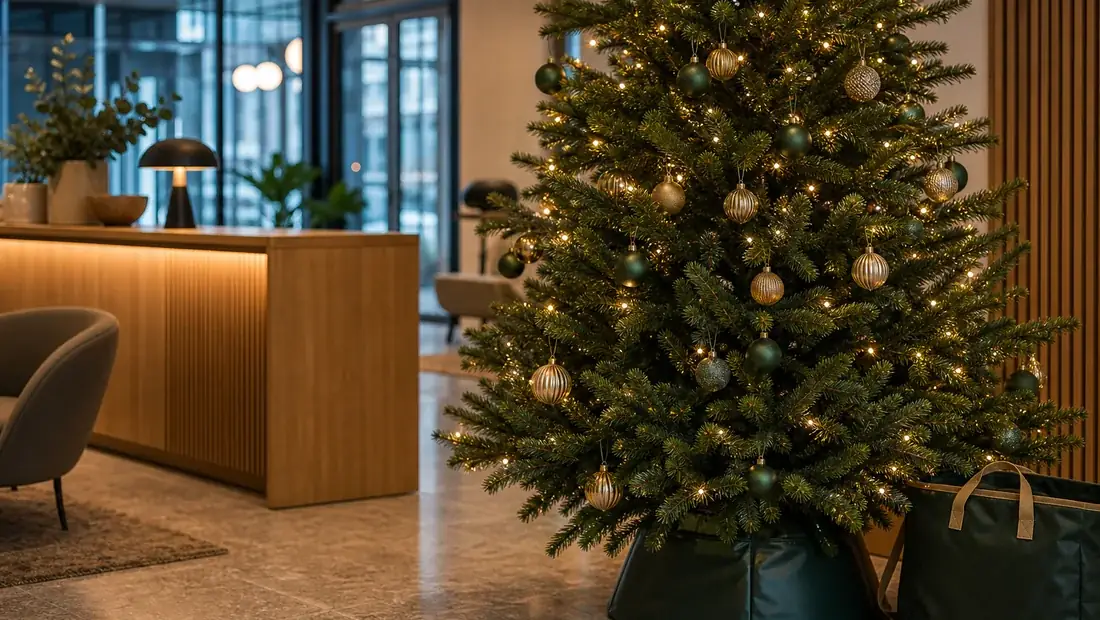 Företagsgran i reception med dekoration och service