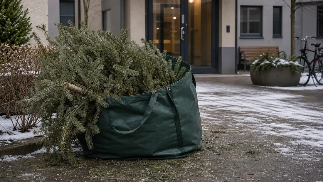 Julgran som väntar på upphämtning efter helgerna